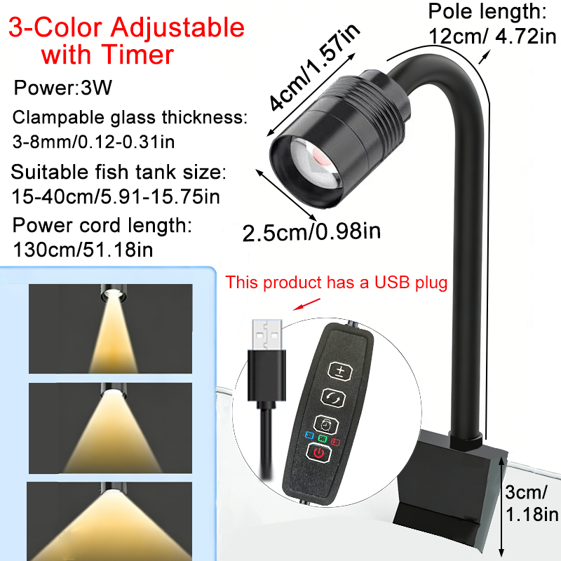 Aquarium Fish Lamp - USB 3W Südamerikanischer Aquarium-Strahler, 3-Farben dimmbar,