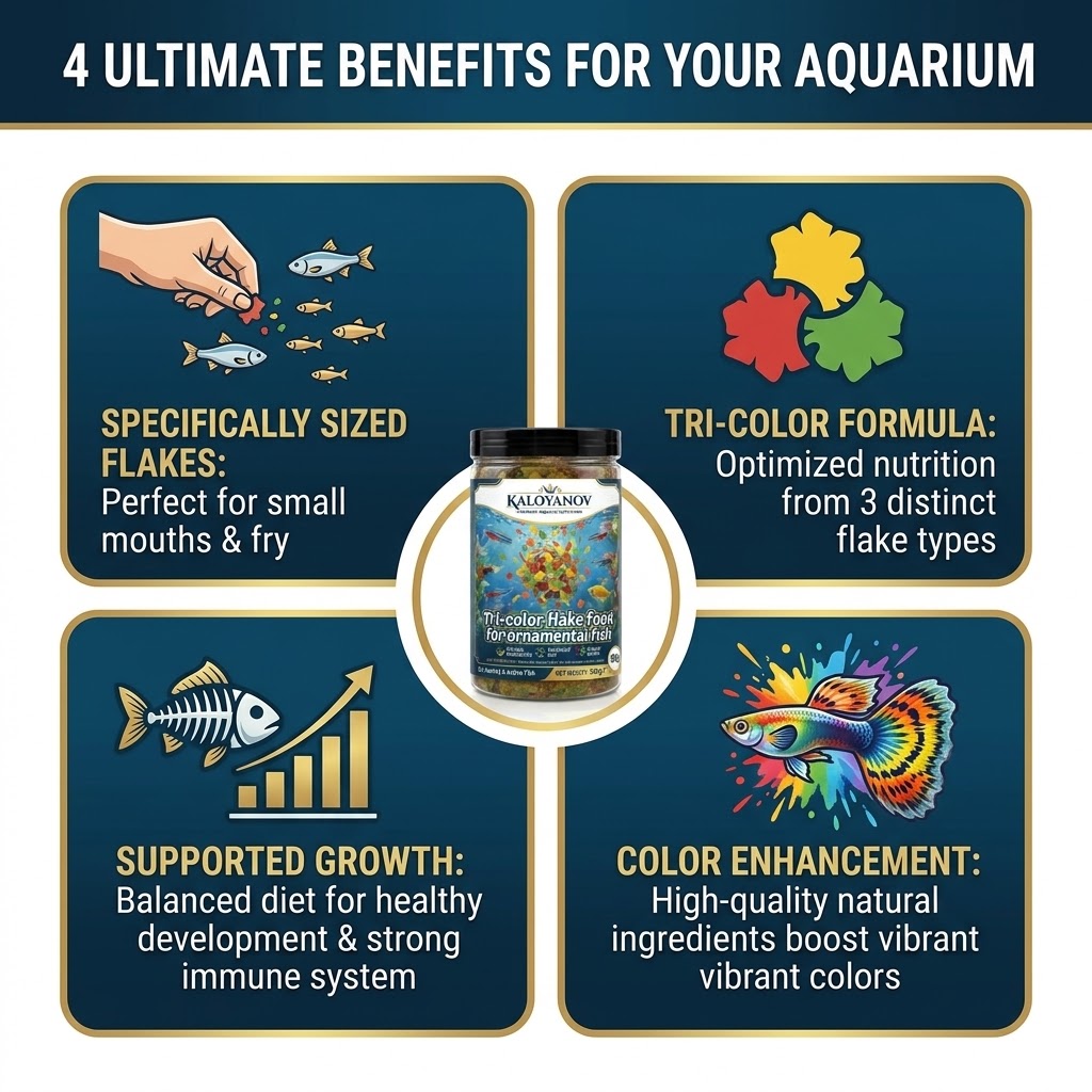 Dreifarbiges Aquarium-Fischfut – Fish Food Flake Bewertung und Preis